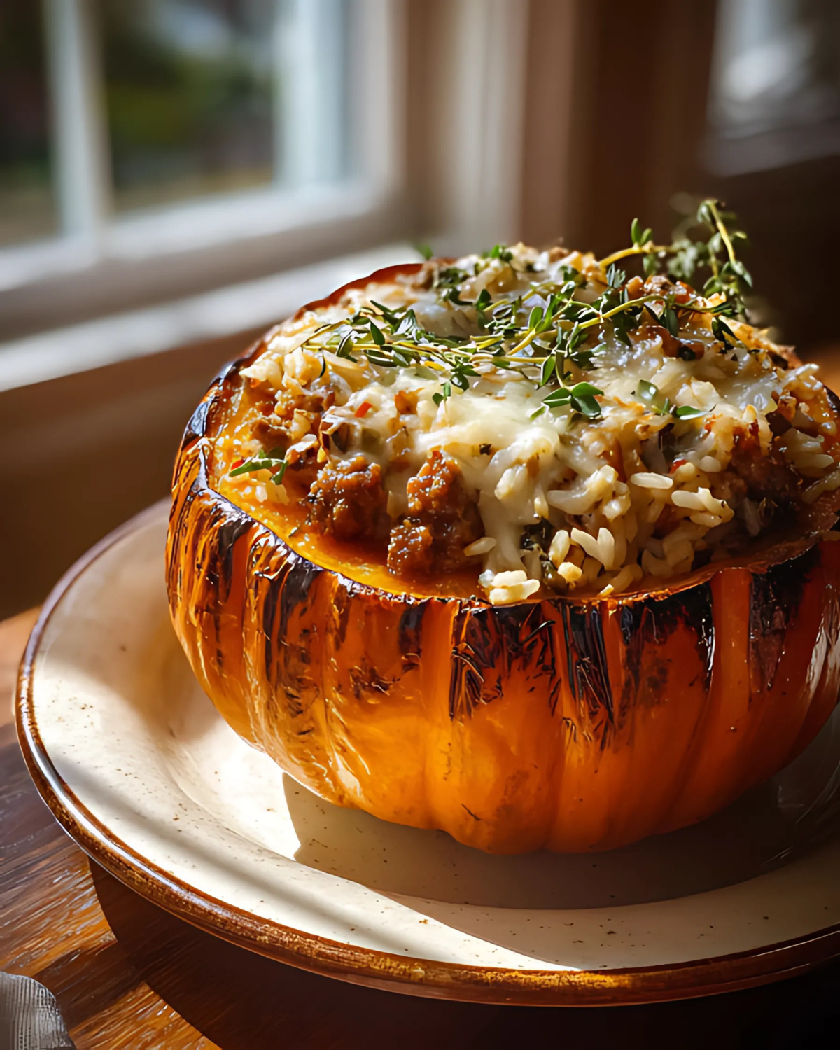 Stuffed pumpkin with rice and sausage topped with melted cheese and fresh herbs, served on a rustic plate by the window.