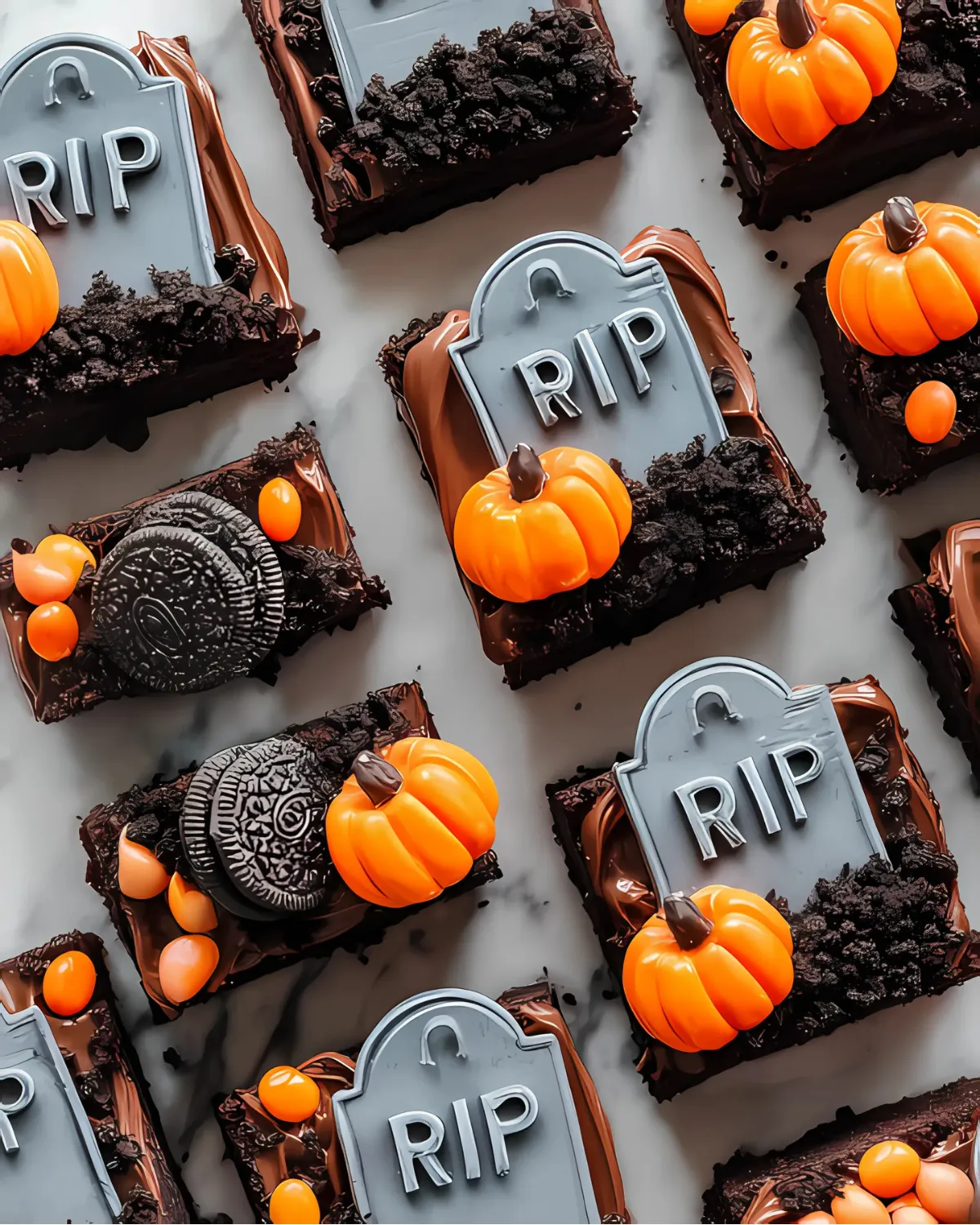 Graveyard brownies cookie tombstones topped with RIP plaques, pumpkins, crushed cookies, and Halloween candies