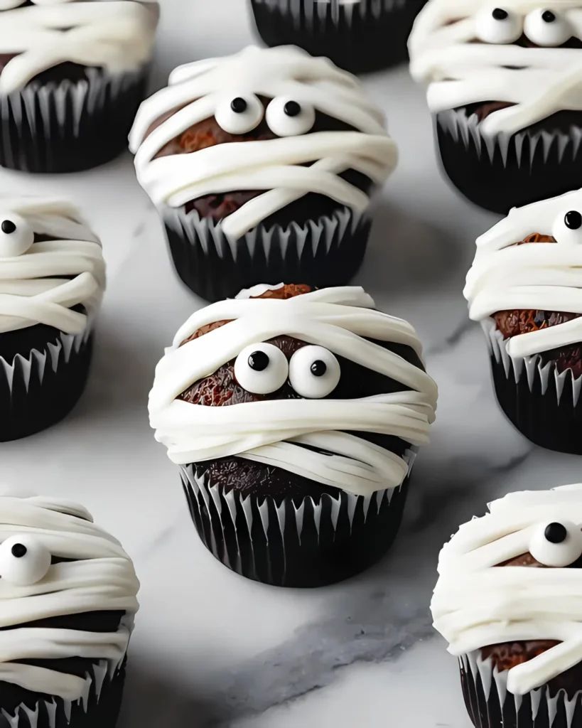 Close-up of Halloween Mummy Cupcakes decorated with white frosting bandages and candy eyes