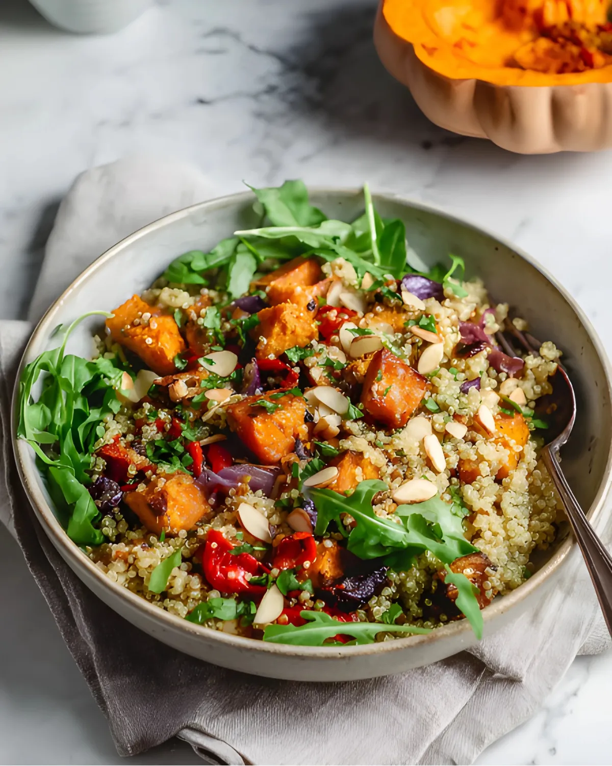 roasted-pumpkin-quinoa-salad-bowl Roasted pumpkin quinoa salad served in a ceramic bowl with arugula, red onion, bell pepper, and sliced almonds.