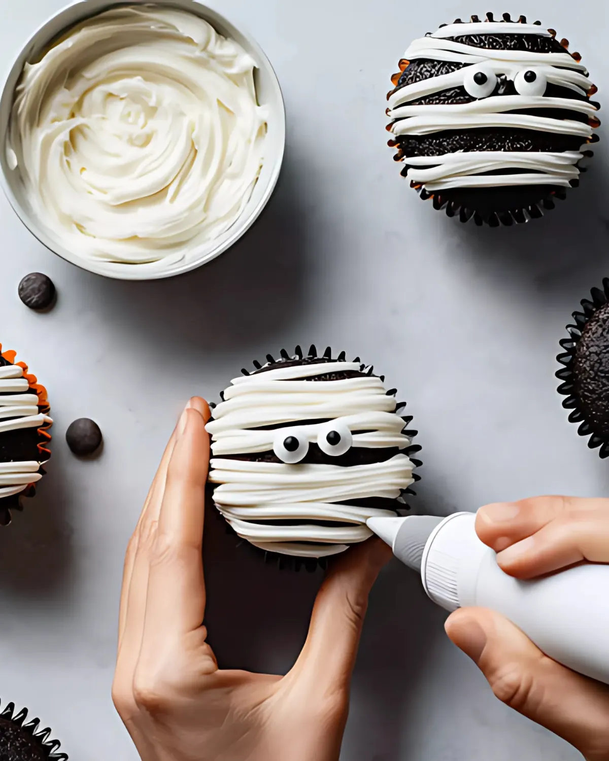 Hands decorating Halloween Mummy Cupcakes with white frosting and candy eyes