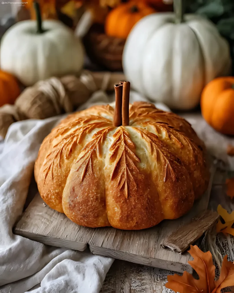 Golden artisan pumpkin shaped bread with leaf scoring and a cinnamon stick stem, styled with white and orange pumpkins.