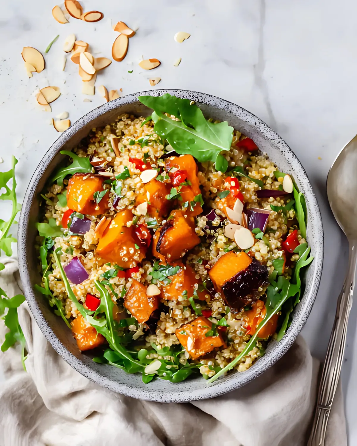 roasted-pumpkin-quinoa-salad Healthy roasted pumpkin quinoa salad with arugula, red onion, bell pepper, and almond flakes in a bowl.
