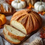 Freshly baked pumpkin shaped bread with slices on a wooden board, surrounded by autumn decor and white pumpkins.