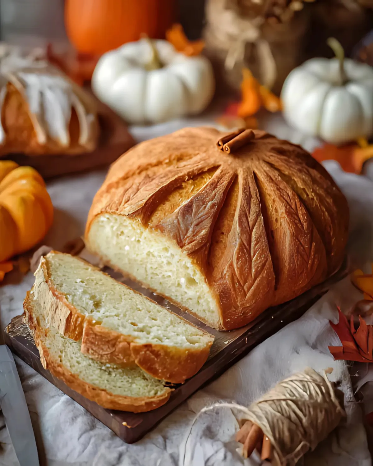 pumpkin-shaped-bread-fall-recipe Freshly baked pumpkin shaped bread with slices on a wooden board, surrounded by autumn decor and white pumpkins.