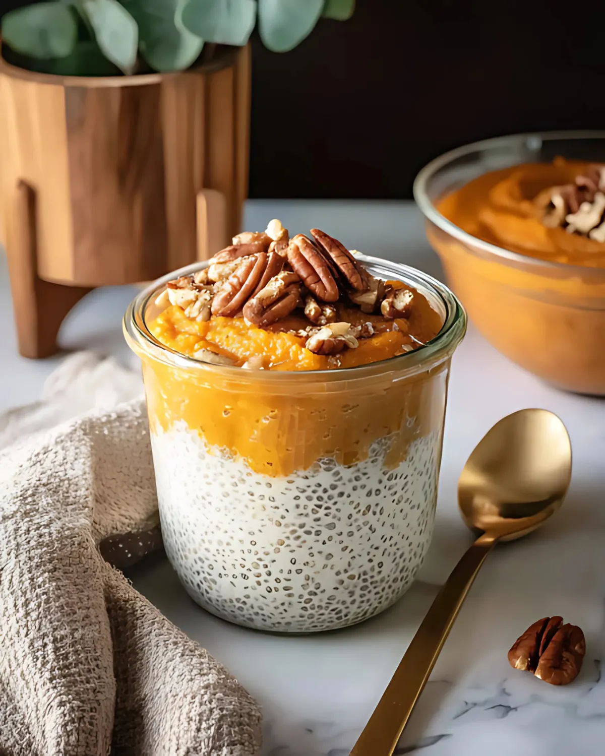 Glass jar of pumpkin chia pudding topped with pecans, styled with a gold spoon and cozy fabric on a marble surface.