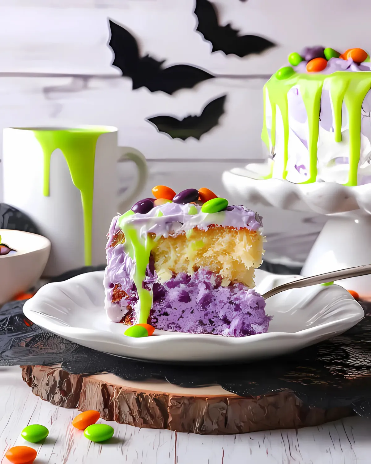Slice of Ghost Poke Cake with green glaze and Halloween candies, served on a white plate with bat decorations.
