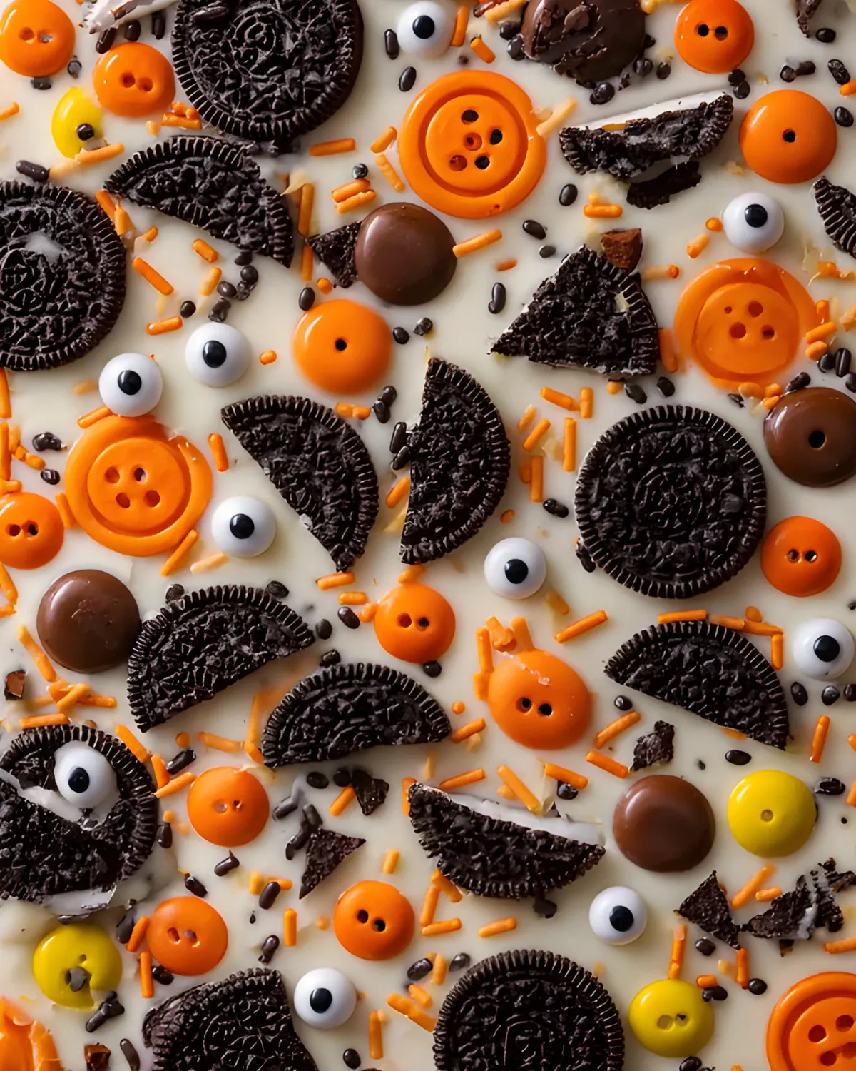 Halloween Oreo Bark topped with full and halved Oreos, candy eyes, orange chocolate buttons, yellow candies, brown melts, and festive sprinkles