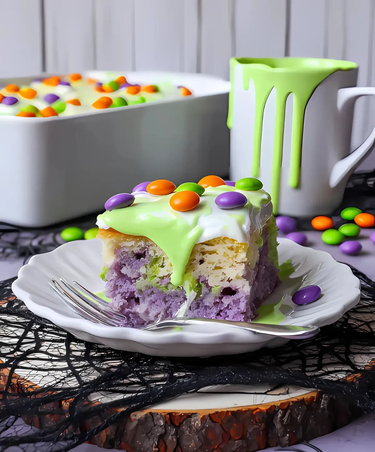 A vibrant Ghost Poke Cake topped with green frosting and colorful Halloween candy, served on a white plate.