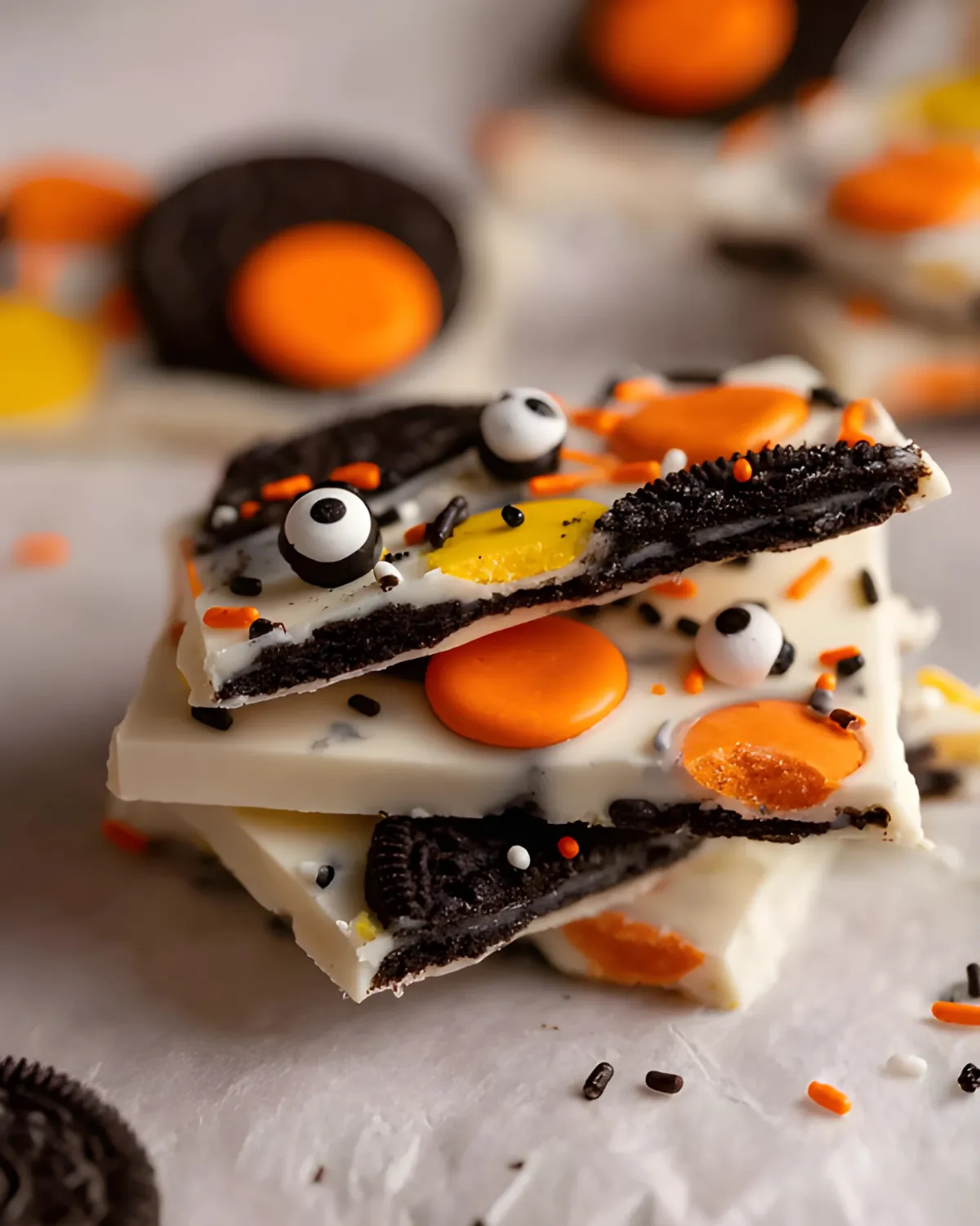 Stacked Halloween Oreo Bark pieces with white chocolate, Oreo cookies, candy eyes, orange and yellow chocolates, and spooky sprinkles