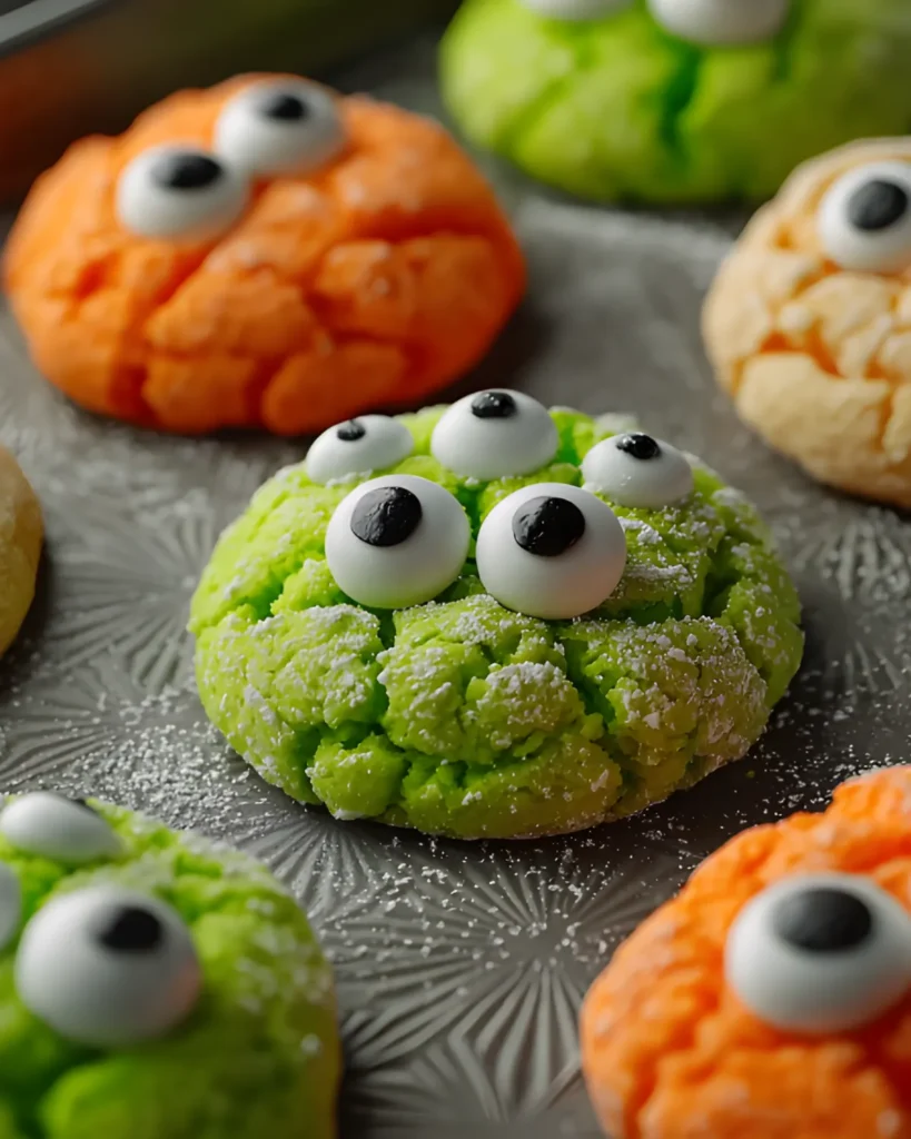 Green and orange gooey monster cookies with candy eyeballs on a baking sheet, dusted with powdered sugar