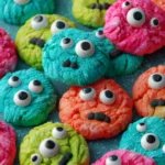 Colorful gooey monster cookies with candy eyes and funny faces, perfect for Halloween baking fun