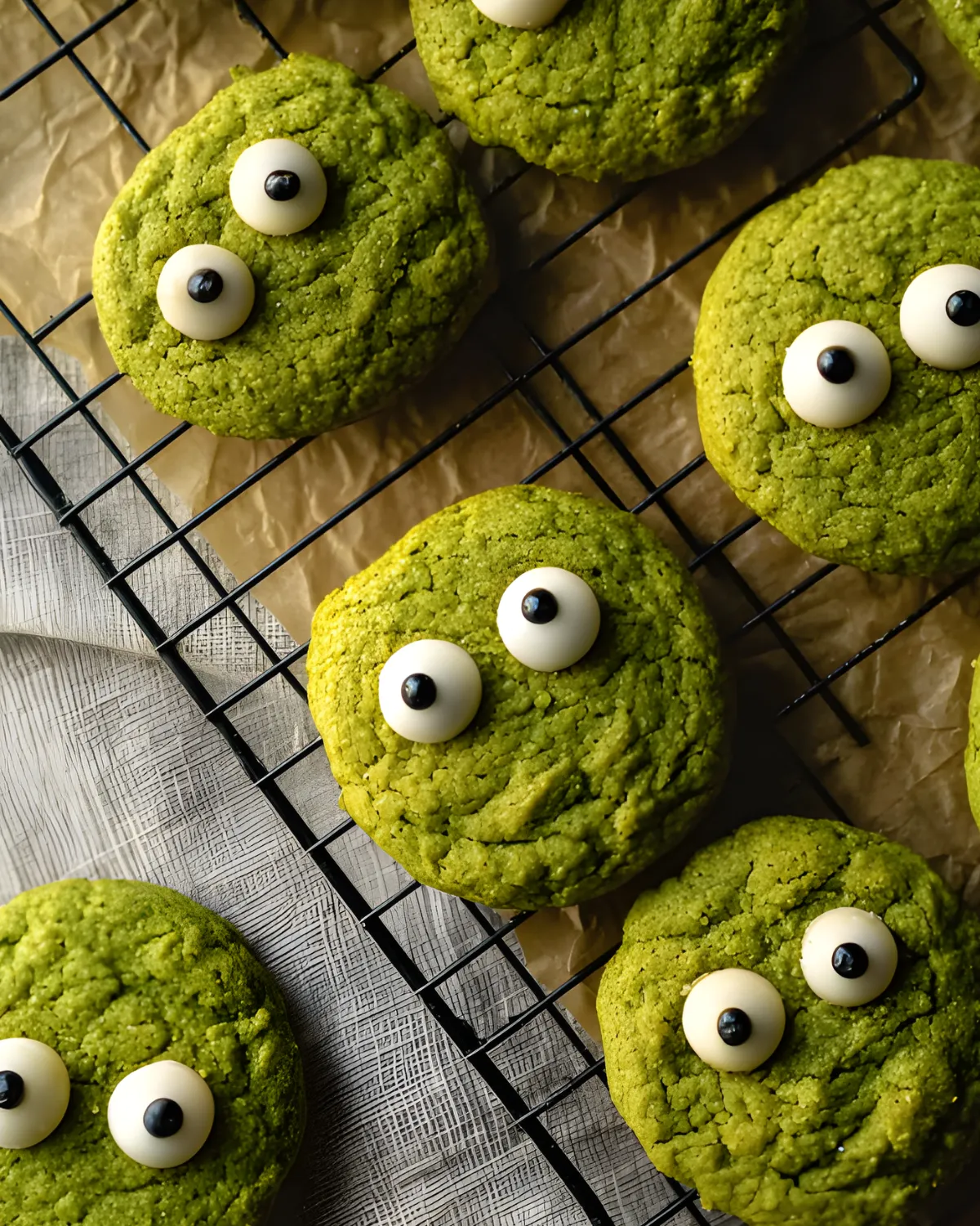 Secretly Healthy Halloween Cookies decorated with candy monster eyes on a wire rack.