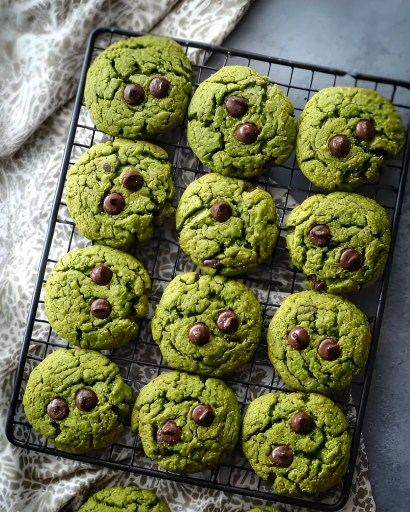 Secretly Healthy Halloween Cookies made with green dough and chocolate chips on a cooling rack.
