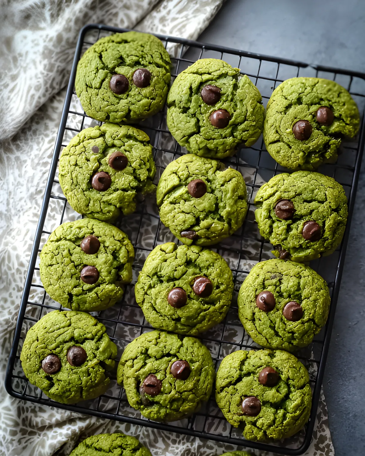 Secretly Healthy Halloween Cookies made with green dough and chocolate chips on a cooling rack.