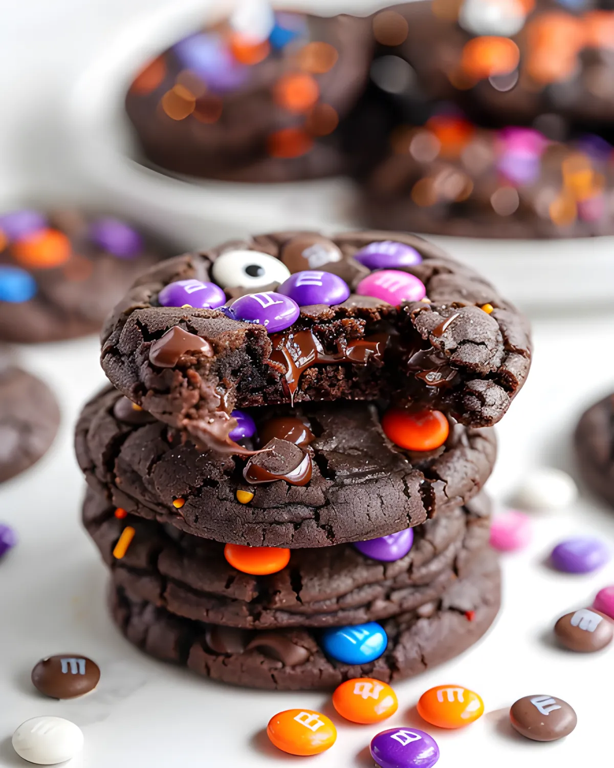 Stack of rich vegan Halloween cookies with gooey chocolate and colorful Halloween-themed M&M candies