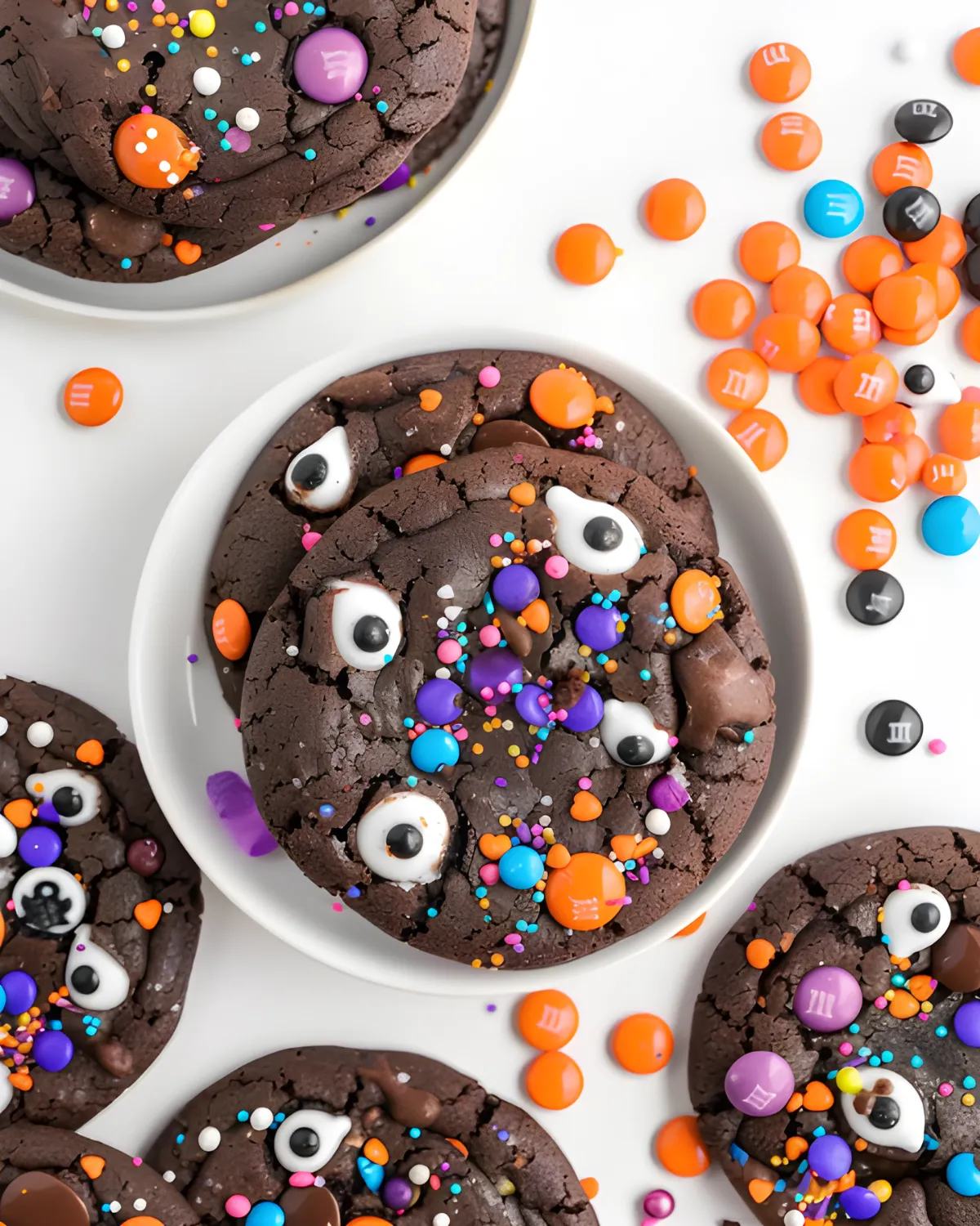 Vegan Halloween cookies decorated with candy eyes, colorful sprinkles, and festive orange, purple, and blue M&Ms