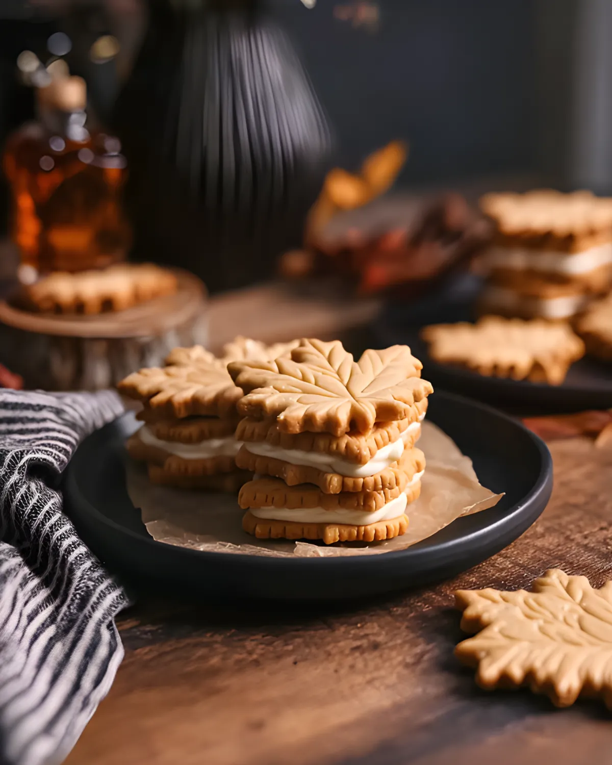 Fall Leaf Cookies filled with maple cream served on a rustic wooden table