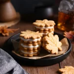 Fall Leaf Cookies with maple cream filling stacked on a black plate over rustic wood
