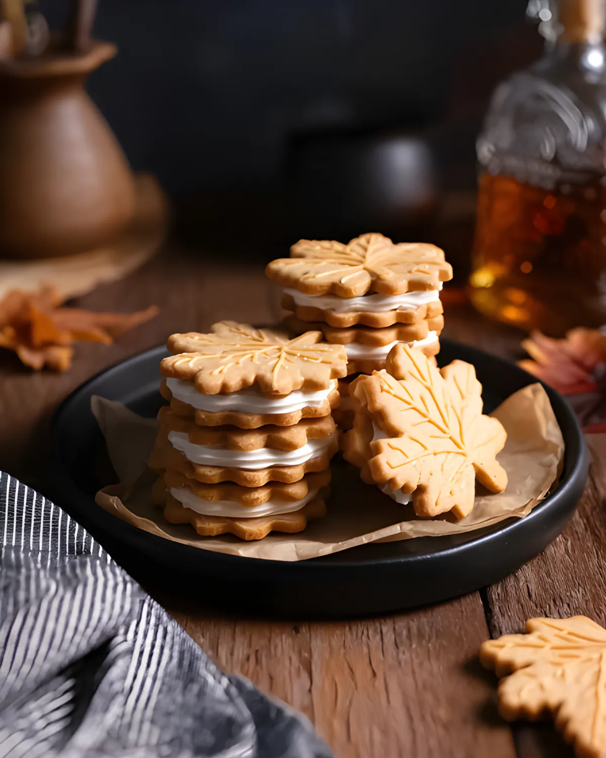 Fall Leaf Cookies with maple cream filling stacked on a black plate over rustic wood