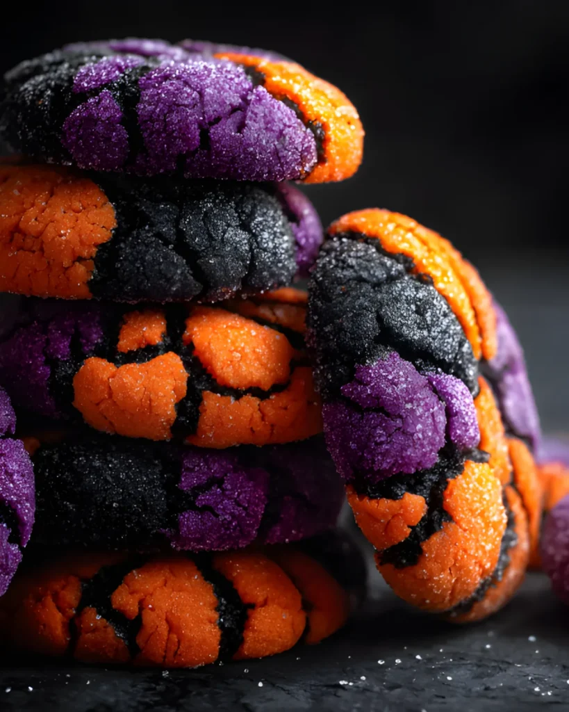 Stack of vibrant Halloween Crinkle Cookies in black, orange, and purple colors on a dark background