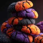 Stack of Halloween Crinkle Cookies in bright orange, purple, and black colors with a cracked sugar coating