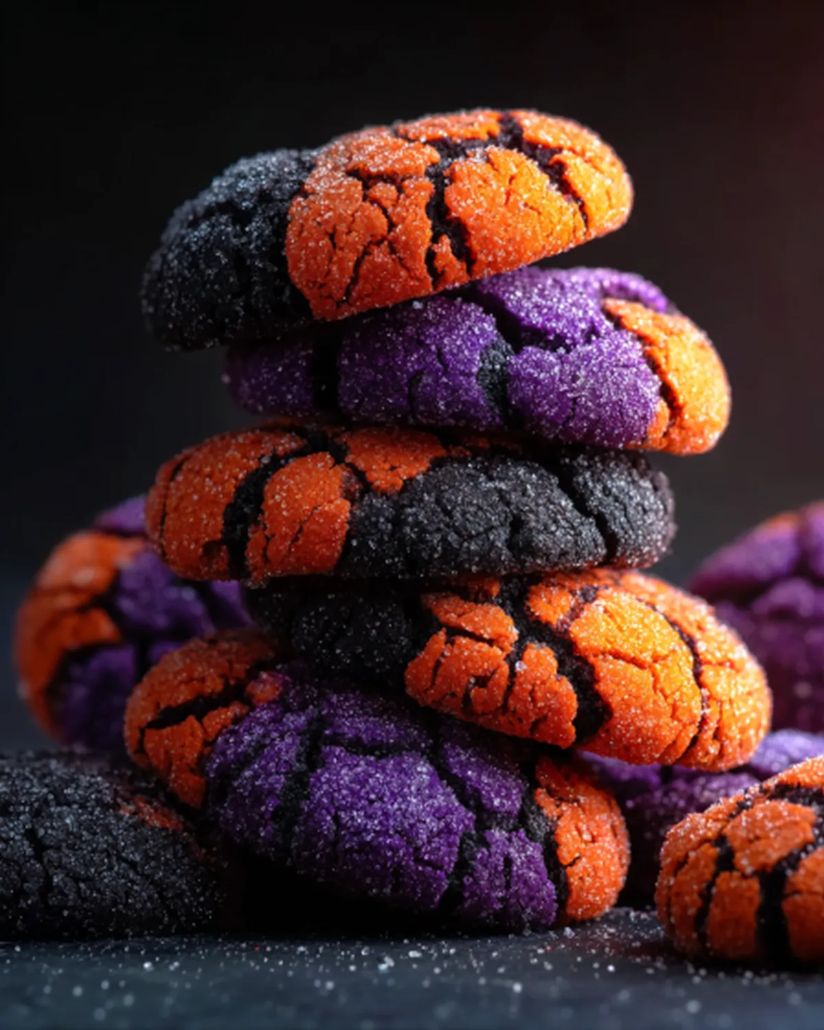 Stack of Halloween Crinkle Cookies in bright orange, purple, and black colors with a cracked sugar coating