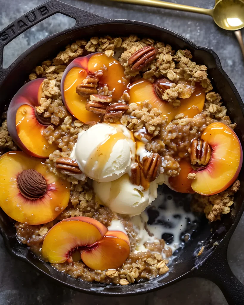 Freshly baked bourbon pecan peach crisp served in a cast iron skillet with vanilla ice cream and caramel drizzle