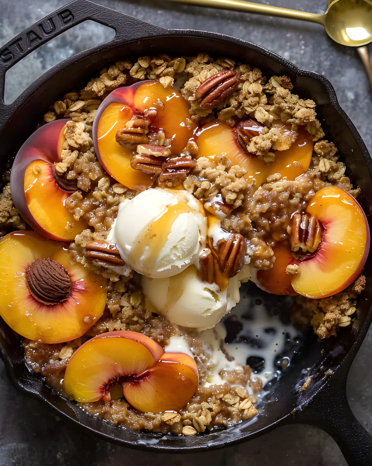 Freshly baked bourbon pecan peach crisp served in a cast iron skillet with vanilla ice cream and caramel drizzle