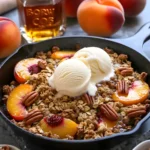 Bourbon pecan peach crisp topped with vanilla ice cream in a skillet, surrounded by fresh peaches and a bourbon bottle