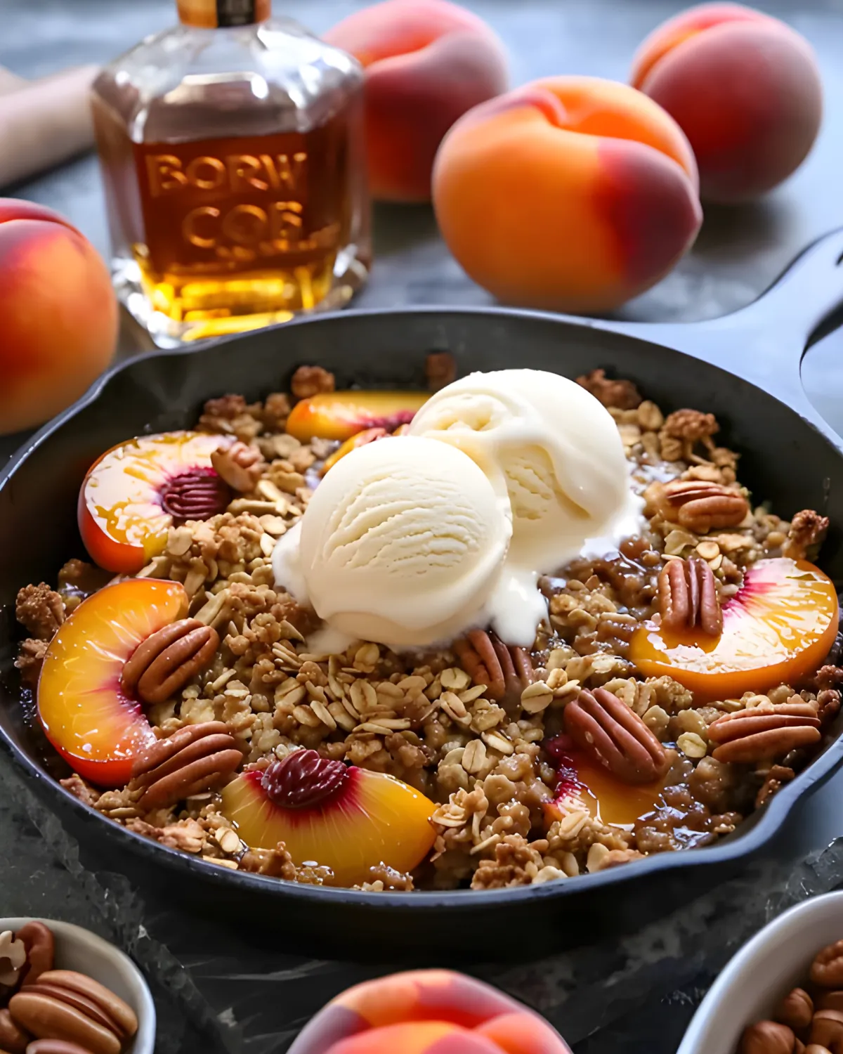 Bourbon pecan peach crisp topped with vanilla ice cream in a skillet, surrounded by fresh peaches and a bourbon bottle