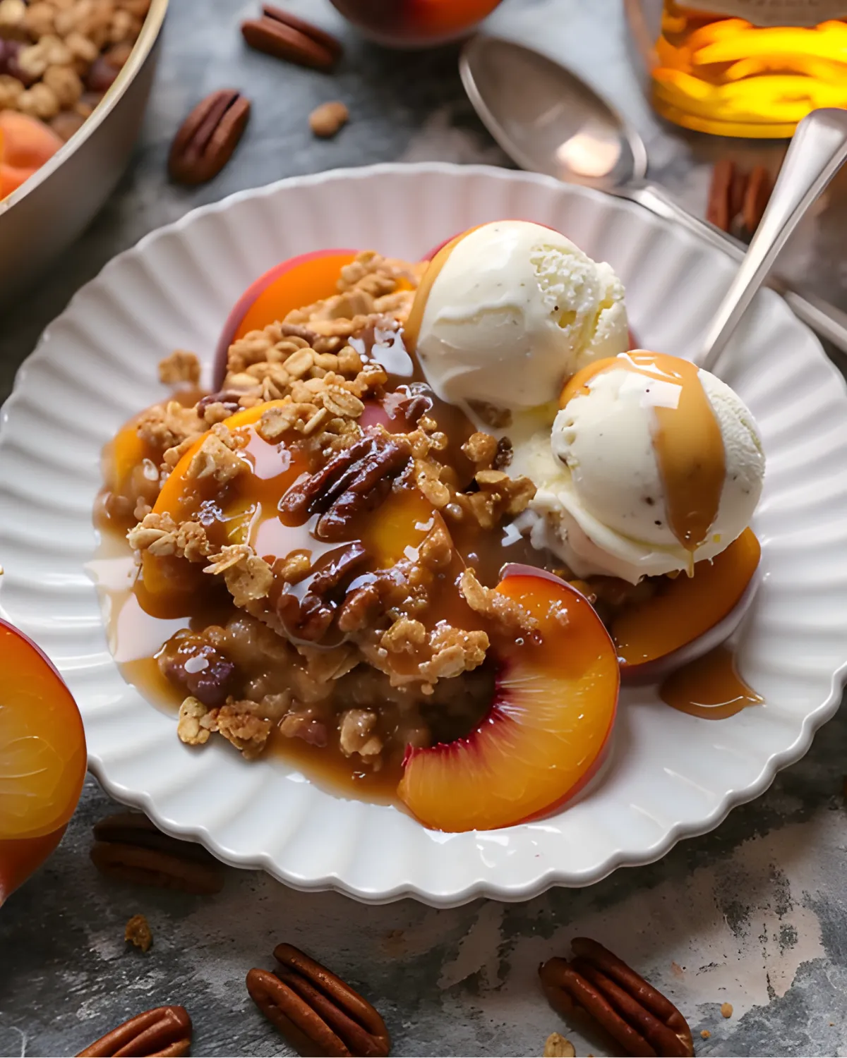 Close-up of bourbon pecan peach crisp served on a white plate with vanilla ice cream and caramel drizzle