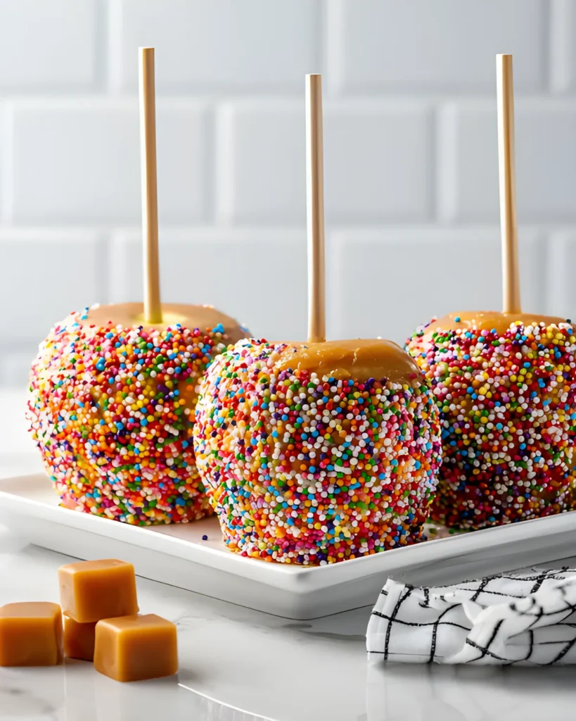 Three caramel apples fully coated in colorful sprinkles on a white tray