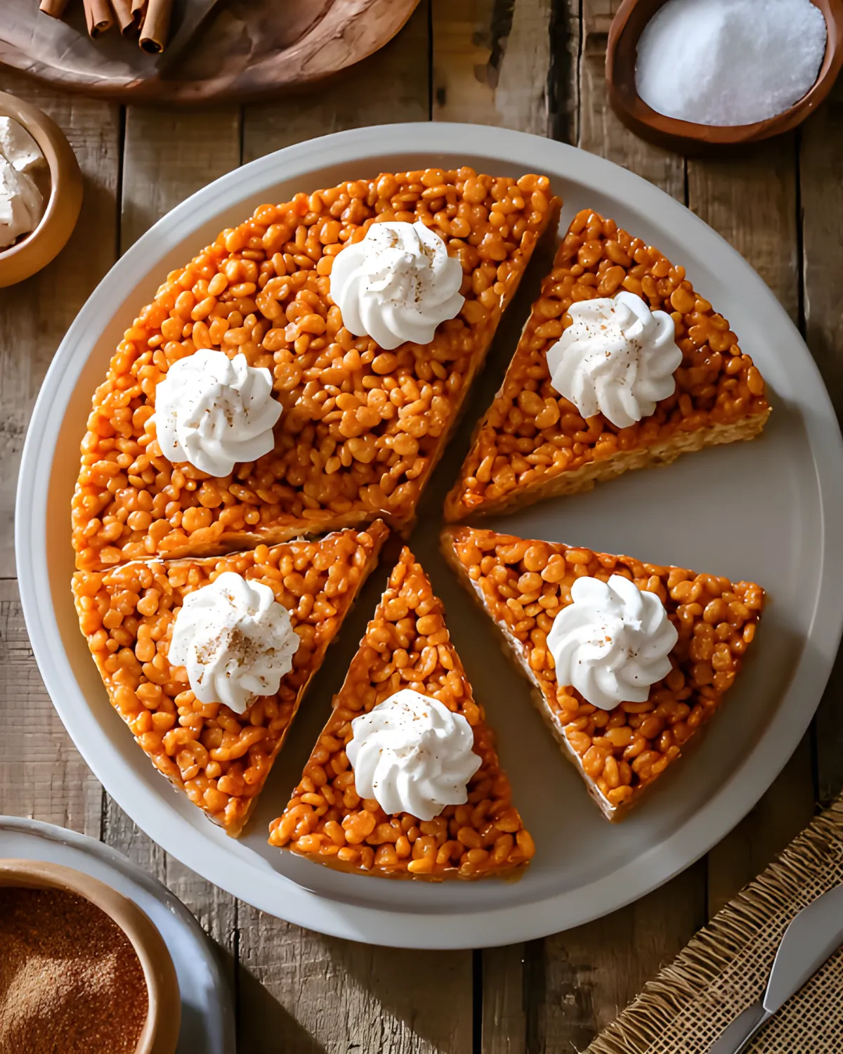 Pumpkin Pie Rice Krispies Treats topped with whipped cream slices on a rustic wooden table