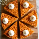 Pumpkin Pie Rice Krispies Treats cut into slices and topped with whipped cream on a wooden board