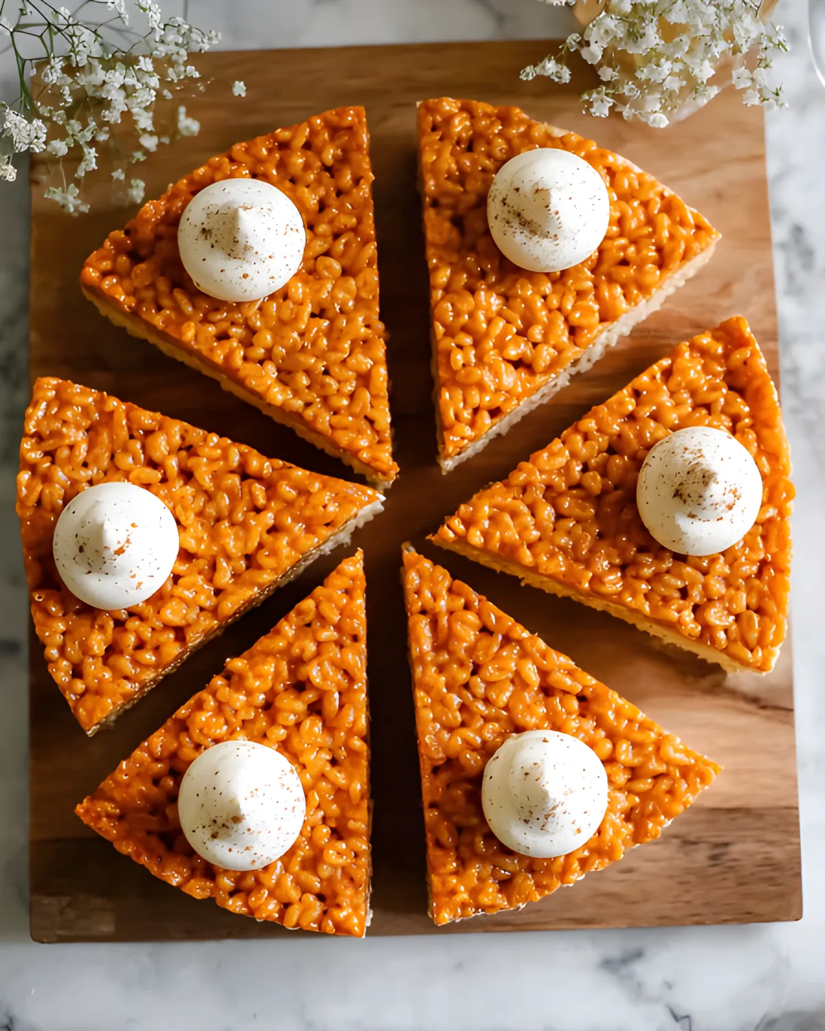 Pumpkin Pie Rice Krispies Treats cut into slices and topped with whipped cream on a wooden board