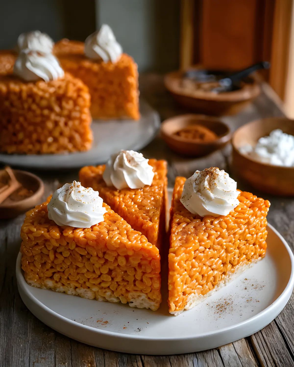 Close-up of Pumpkin Pie Rice Krispies Treats slices with whipped cream on a rustic wooden table