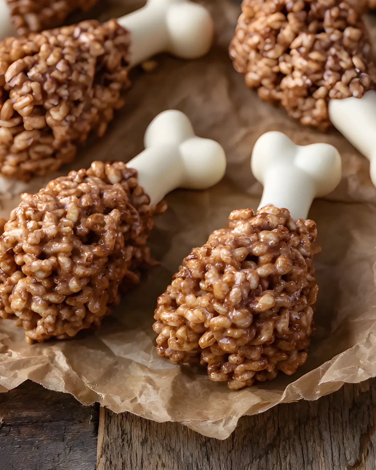 Close-up of homemade Rice Krispie Turkey Legs made with chocolate-covered cereal and white candy bones