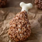 Single Rice Krispie Turkey Leg with white candy bone on brown parchment paper