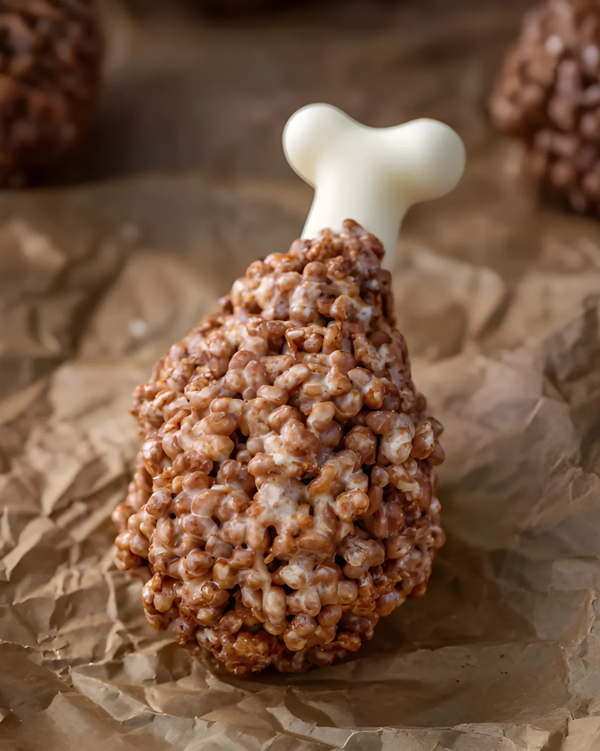 Single Rice Krispie Turkey Leg with white candy bone on brown parchment paper