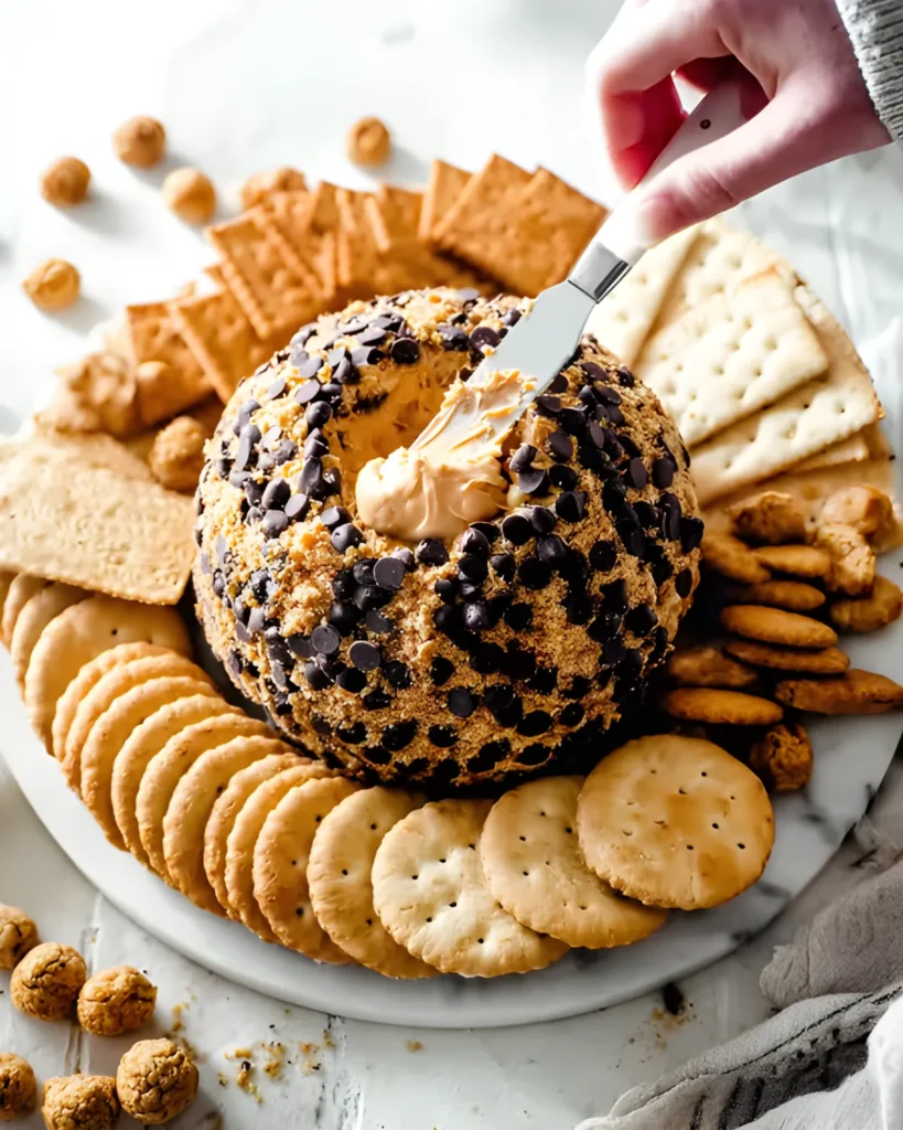 Peanut Butter Ball topped with chocolate chips and cookie crumbs, served with assorted crackers and a spreading knife.