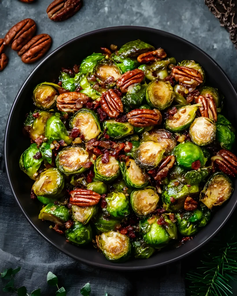 Maple Bacon Brussels Sprouts with Pecans in a black bowl topped with glazed pecans and crispy bacon