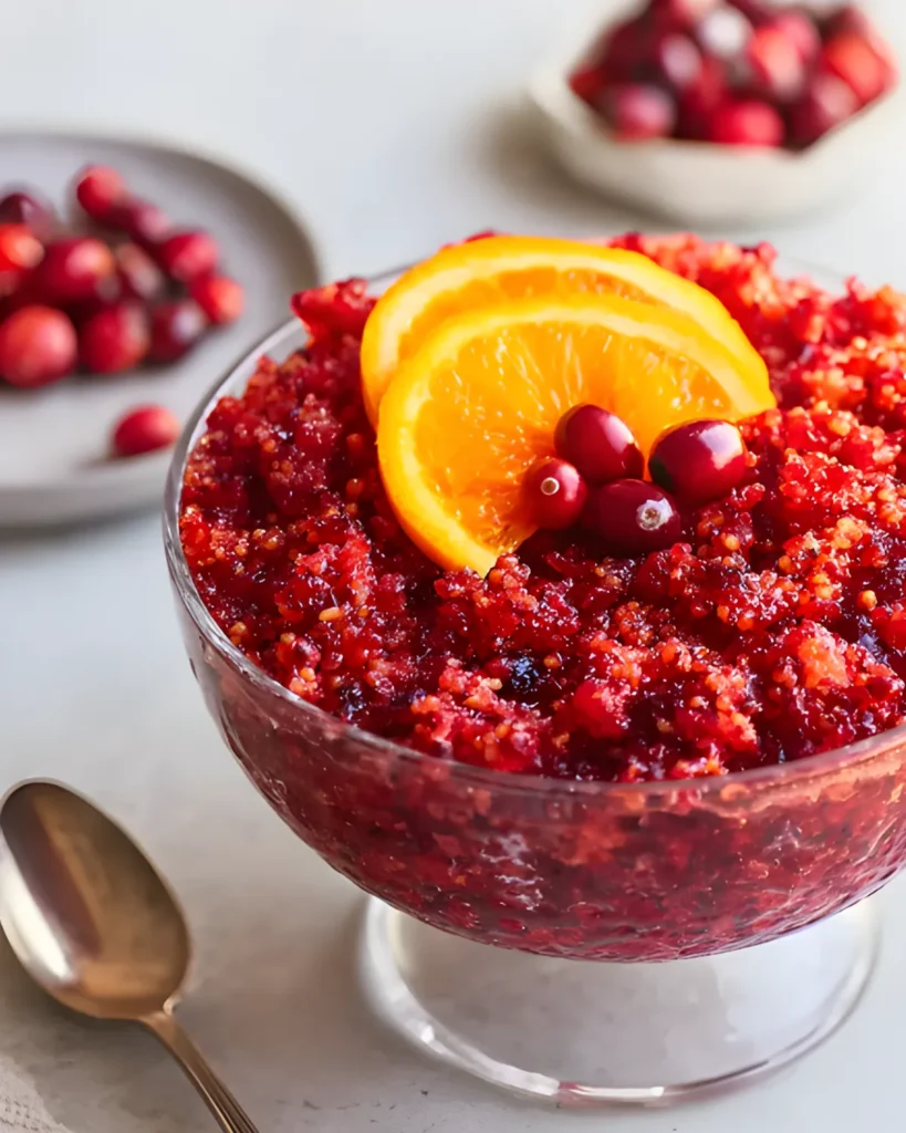 Fresh Cranberry Orange Relish served in a glass bowl topped with orange slices and whole cranberries