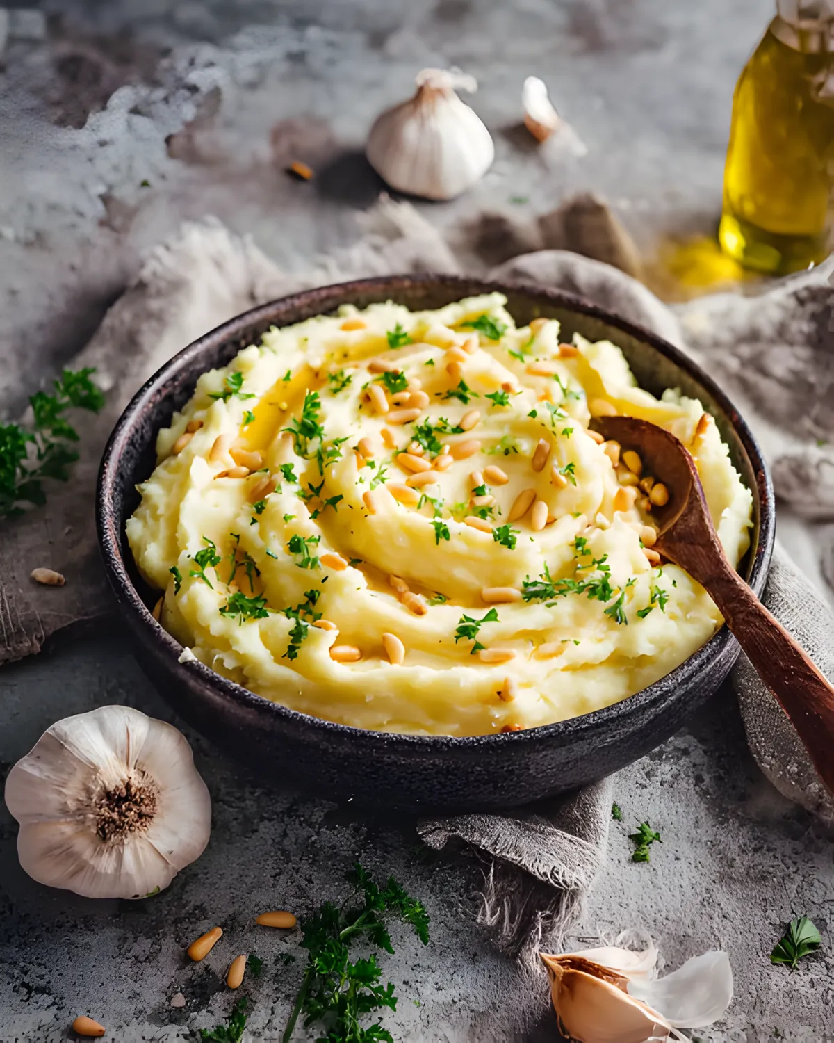 Bowl of creamy vegan mashed potatoes topped with pine nuts, garlic, and fresh herbs