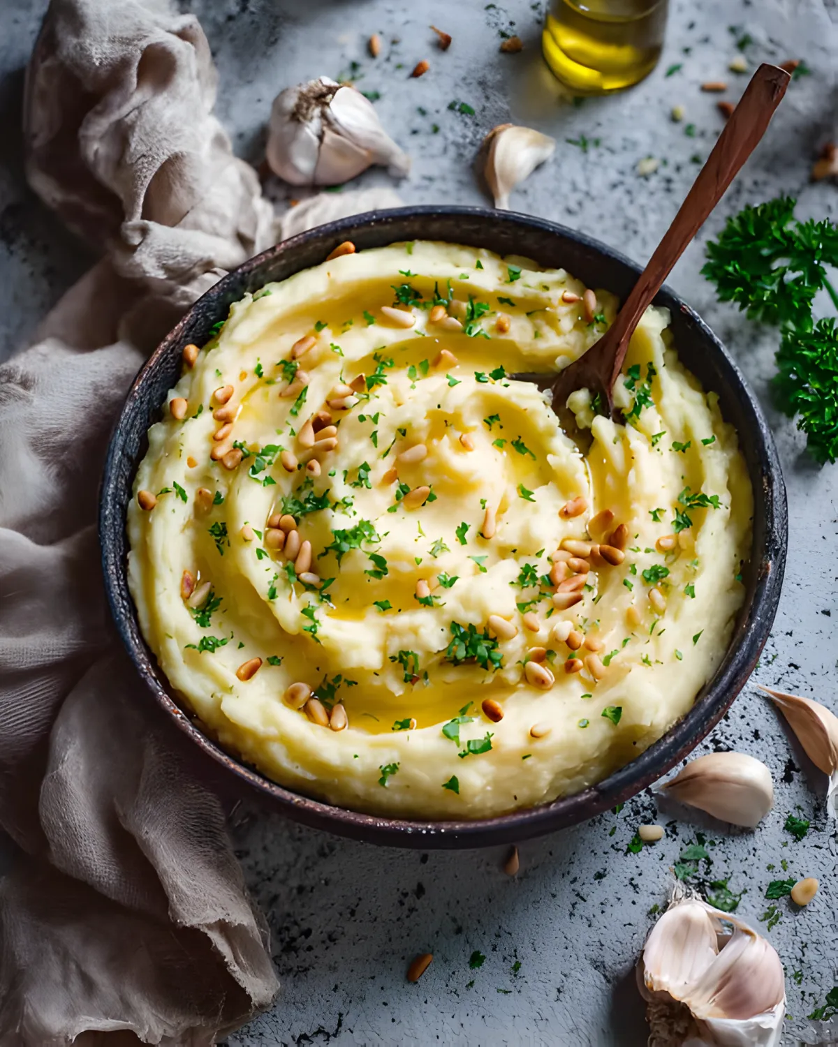 Vegan mashed potatoes in a bowl with garlic, herbs, and pine nuts on a rustic surface