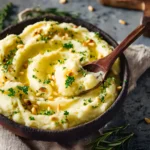 Creamy vegan mashed potatoes topped with fresh herbs and pine nuts in a rustic bowl