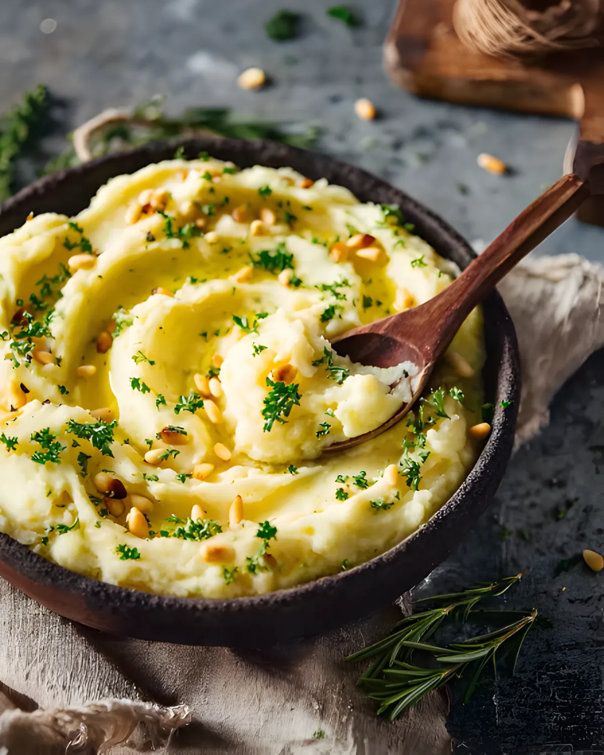 Creamy vegan mashed potatoes topped with fresh herbs and pine nuts in a rustic bowl
