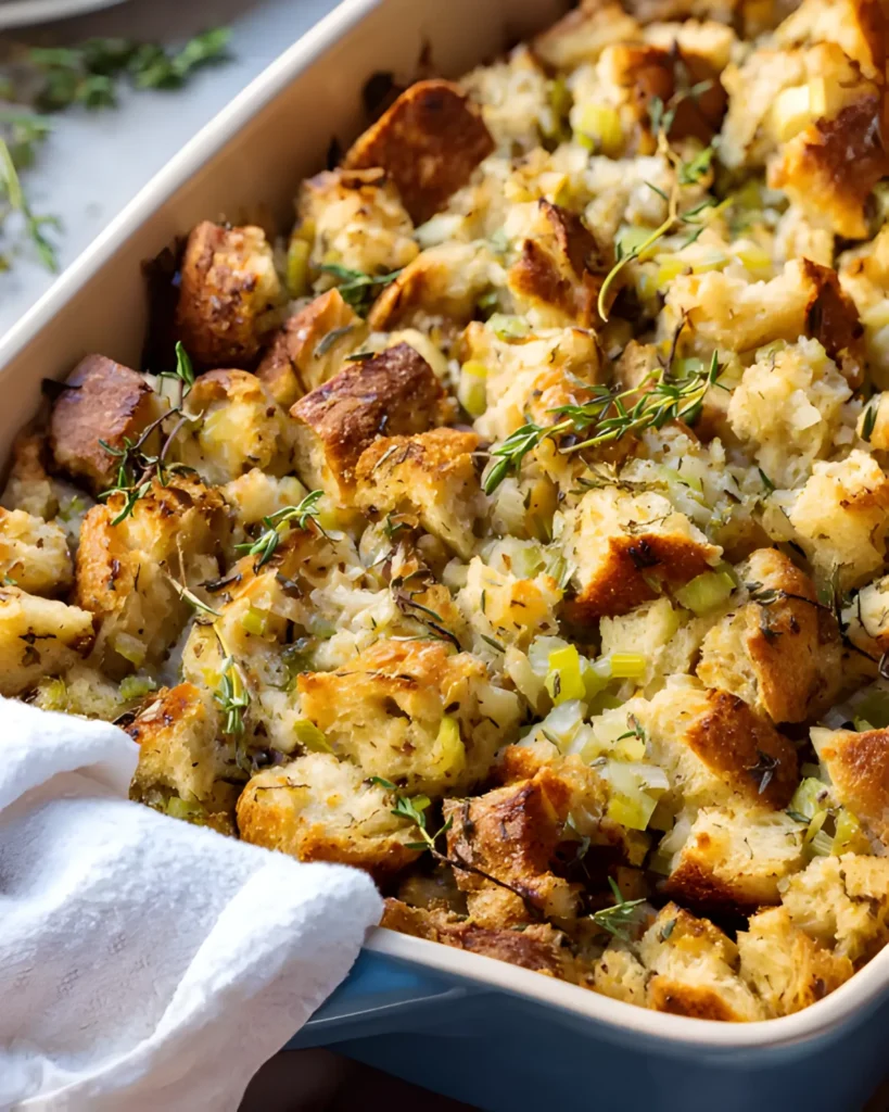 The Best Vegetarian Stuffing Recipe with golden baked bread cubes, celery, onions, and fresh thyme