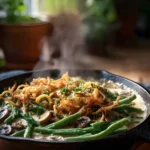 Vegan green bean casserole in a cast iron skillet with creamy mushroom sauce and crispy fried onions.