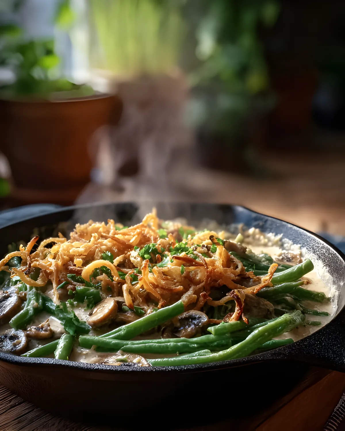 Vegan green bean casserole in a cast iron skillet with creamy mushroom sauce and crispy fried onions.